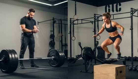 Ein Athlet beim Powerlifting im Vergleich zu einer Athletin beim Crosstraining.