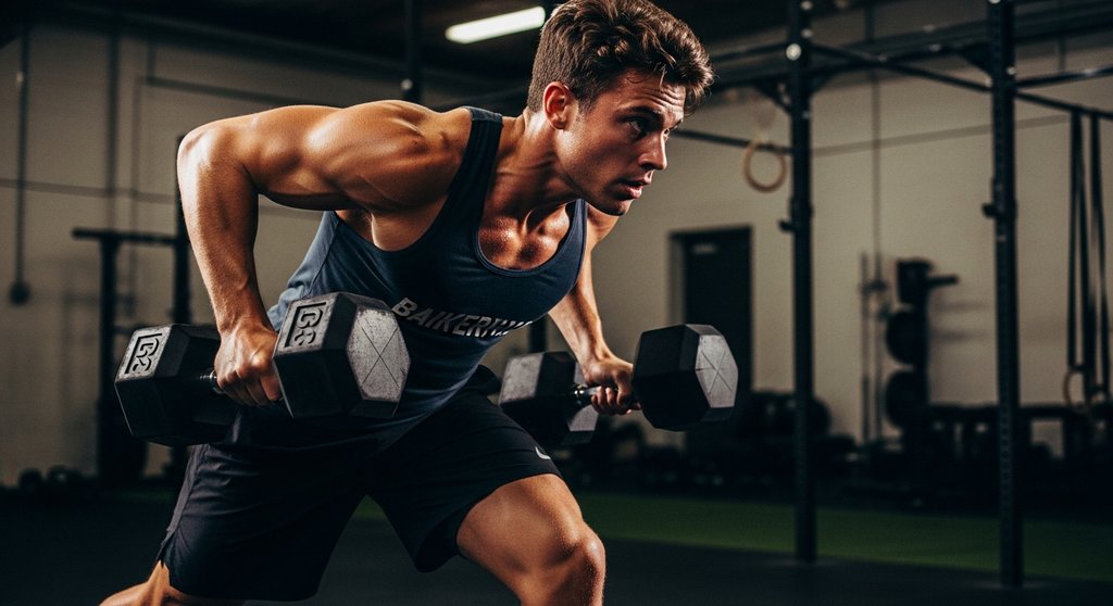 Athlet macht einen Dumbbell Thruster als Teil seines EMOM HIIT Workouts.