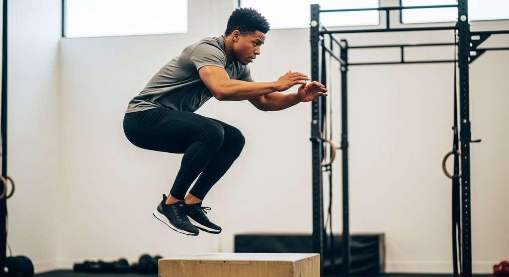 Athlet macht einen Box Jump auf eine Plyo-Box, eine wichtige Ausrüstung für Crosstraining.