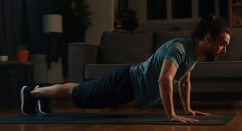 Ein Athlet macht einen Burpee beim Crosstraining zuhause ohne Geräte.