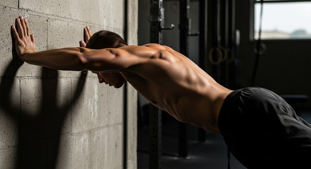 Ein Athlet beim Crosstraining macht einen Handstand Push-up (HSPU) an der Wand.