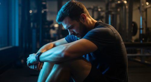 Ein Athlet ruht sich nach einem intensiven HIIT-Training am Abend aus und denkt über Schlaf und Leistung nach.