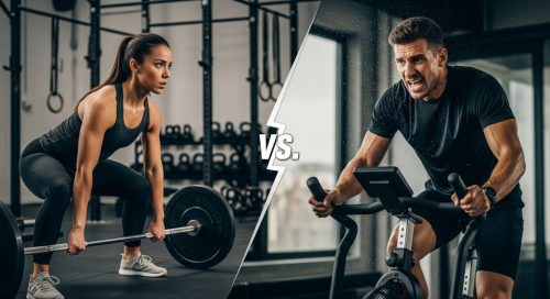 Ein Athlet und eine Athletin beim Vergleich von CrossTraining vs. HIIT Training.