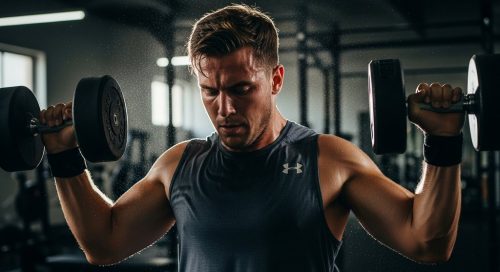 Ein athletischer Mann führt mit konzentriertem Blick eine schwere Übung in einem Fitnessstudio aus, um das passende Trainingssystem zu finden.