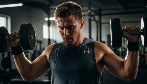 Ein athletischer Mann führt mit konzentriertem Blick eine schwere Übung in einem Fitnessstudio aus, um das passende Trainingssystem zu finden.