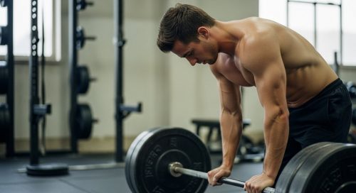 Ein athletischer Mann konzentriert sich vor dem Kreuzheben in einem Fitnessstudio für sein Ganzkörpertraining.