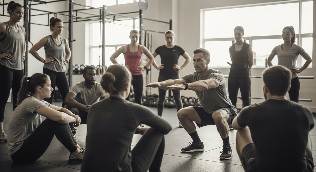 Coach zeigt korrekte Kniebeuge-Technik, um Crosstraining Verletzungen im Knie zu vermeiden.