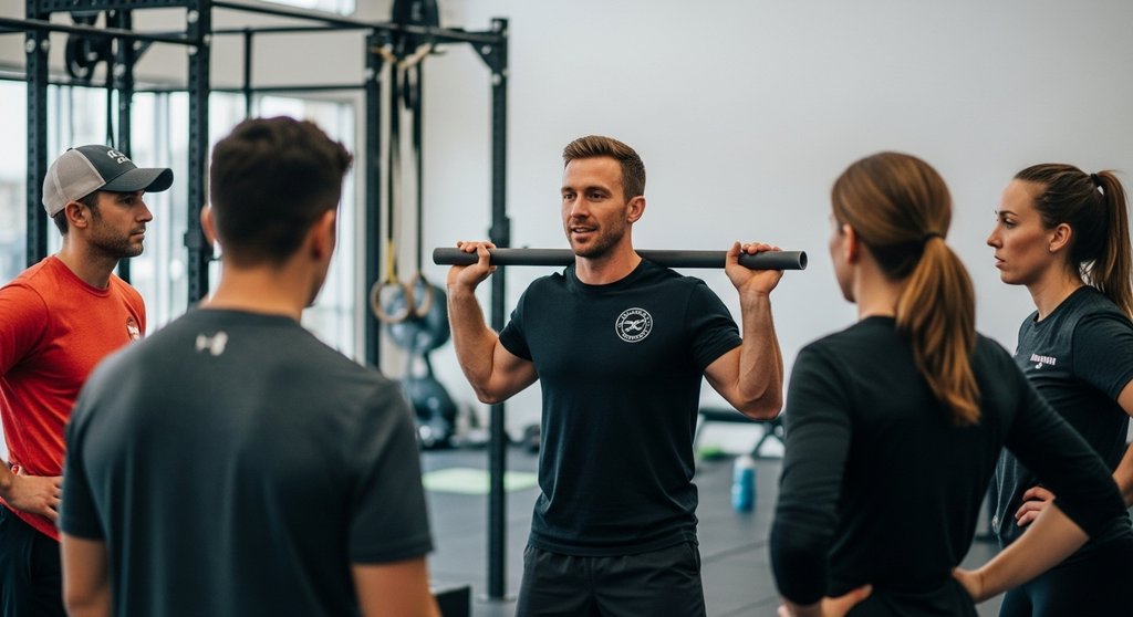Ein Coach erklärt CrossTraining-Anfängern im ersten Monat die richtige Technik für eine Übung.