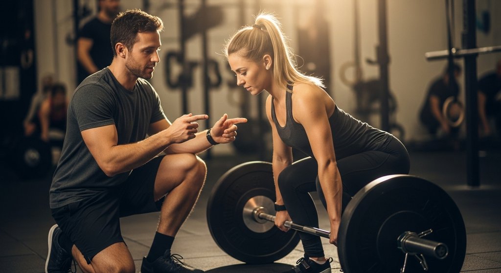 Coach unterstützt Athletin in einer Crosstraining Community vor einem schweren Deadlift.