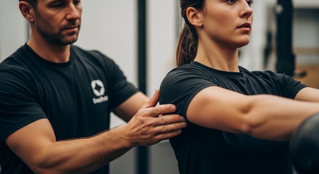 Ein CrossTraining-Coach korrigiert die Kettlebell-Technik eines Athleten zur Verletzungsprävention.