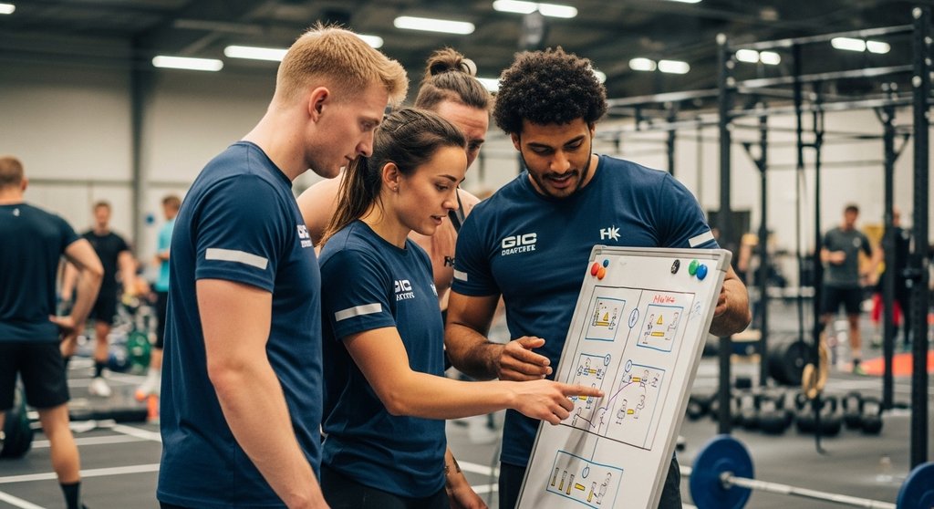 Ein gemischtes Crosstraining-Team bespricht konzentriert die Strategie für einen Wettkampf für Anfänger.