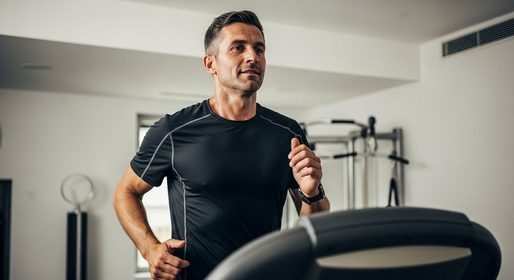 Mann beim Fartlek Training auf dem Laufband, der die Geschwindigkeit manuell anpasst.