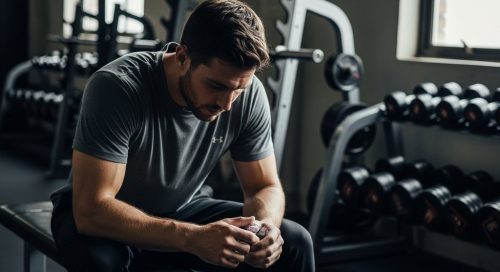 Ein Mann macht eine Pause während seines 2er Split Trainingsplans im Fitnessstudio.