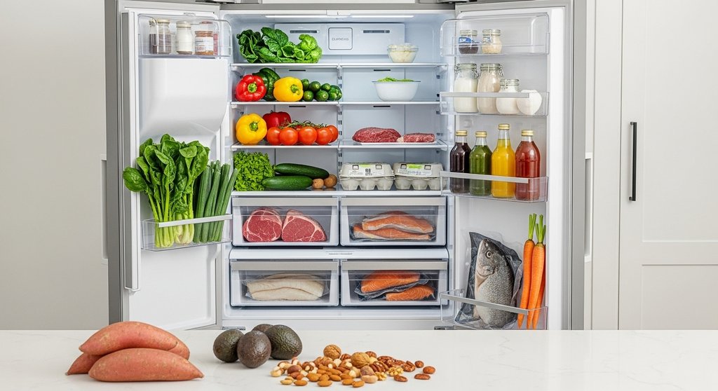 Basis der Paleo Ernährung für CrossTraining: Kühlschrank gefüllt mit Fleisch und Gemüse.