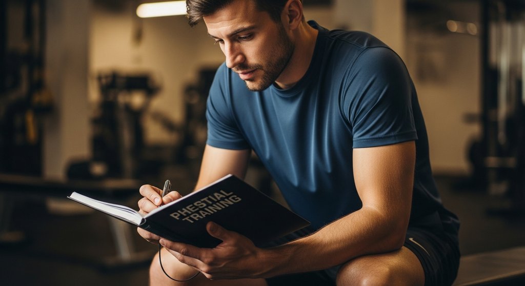 Athlet plant seine nächste Rest-Pause Trainingseinheit mit einem Trainingstagebuch.
