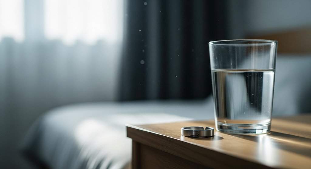 Ein ruhiges Schlafzimmer als Symbol für die Wichtigkeit von Schlaf und Regeneration für die HRV. | A tranquil, minimalist bedroom scene at dawn. Soft, cool morning light filters through sheer curtains. On a simple wooden nightstand, an unbranded sleep tracker ring rests next to a glass of water. The focus is sharp on the ring, with the background softly blurred (bokeh). The atmosphere is serene and peaceful, evoking a sense of calm and recovery. Shot on a DSLR with a prime lens, true-to-life colors, clean and modern aesthetic.