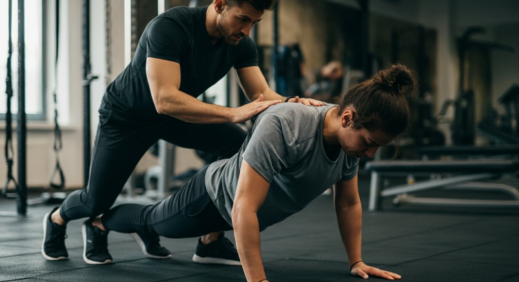 Ein Trainer korrigiert die Burpee Technik eines Athleten, um einen durchhängenden Rücken zu vermeiden.