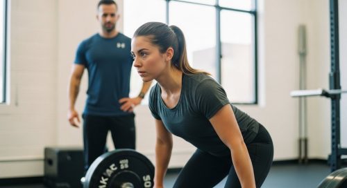 Eine Athletin bereitet sich unter Aufsicht ihres Coaches konzentriert auf eine Übung im Crosstraining vor, um Verletzungen zu vermeiden.