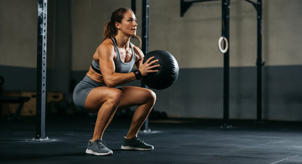 Eine Athletin in der tiefen Hocke bei der Wall Ball Technik, bereit für den Wurf.