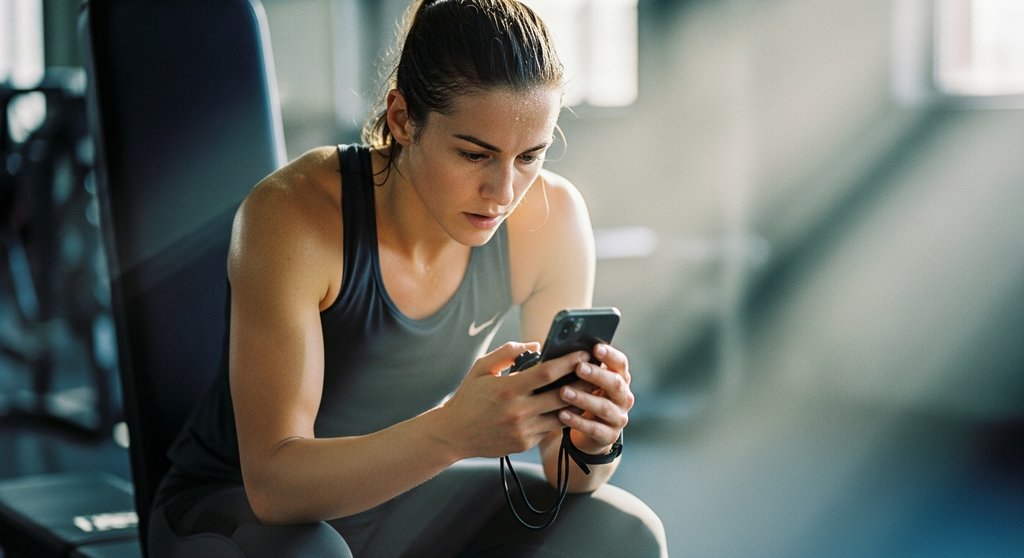 Athletin nutzt ihre Pausenzeit beim Hypertrophietraining optimal für die Muskelregeneration.