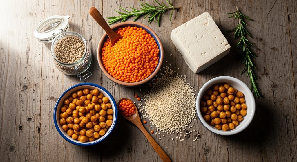Vegane Ernährung im CrossTraining: Schüsseln mit proteinreichen Lebensmitteln wie Tofu, Linsen und Bohnen.