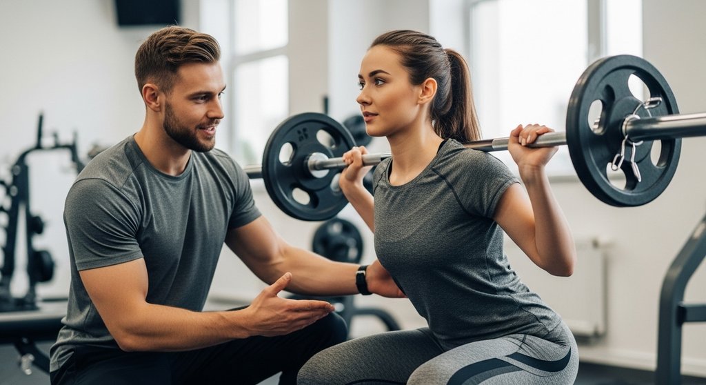 Coach gibt CrossTraining Anfängerin Technik-Tipps für eine saubere Kniebeuge mit der Langhantel.