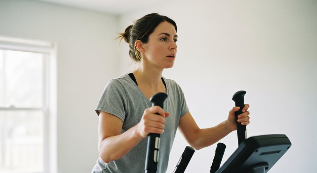 Frau startet Crosstraining nach der Geburt auf einem gelenkschonenden Crosstrainer.