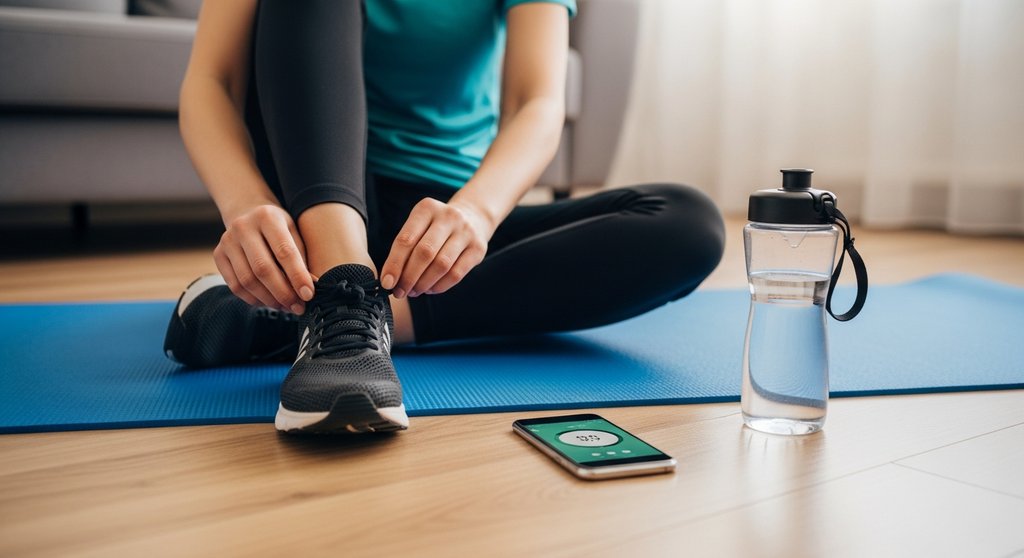 Eine Frau bindet ihre Schuhe als Vorbereitung für ihr erstes HIIT Workout für Anfänger.
