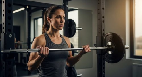 Eine Frau bereitet sich konzentriert auf das Langhanteltraining vor und blickt entschlossen auf die Stange.