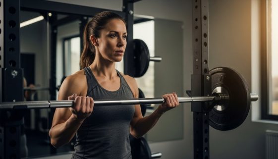 Eine Frau bereitet sich konzentriert auf das Langhanteltraining vor und blickt entschlossen auf die Stange.