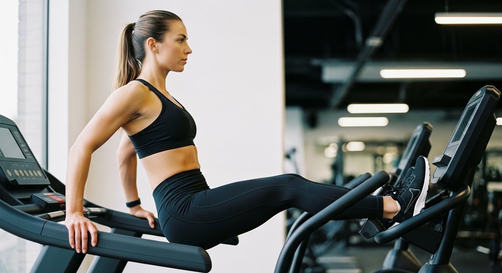 Frau macht Kickbacks beim HIIT auf dem Stairmaster zur Variation und für die Pomuskulatur.
