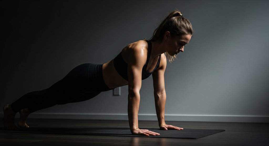 Frau führt einen Walkout als dynamische Ganzkörperübung in ihrem Low Impact HIIT Workout aus.