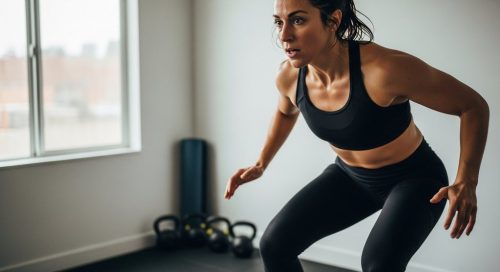 Eine Frau führt konzentriert ein intensives HIIT Workout durch, um ihre Fitness zu steigern.