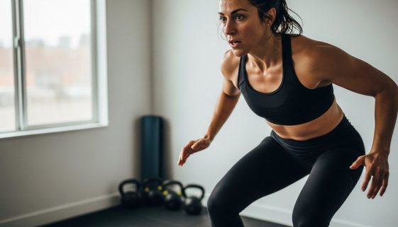 Eine Frau führt konzentriert ein intensives HIIT Workout durch, um ihre Fitness zu steigern.