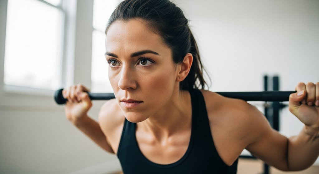 Frau beim Bodyweight EMOM HIIT Workout zu Hause bei einer Kniebeuge.