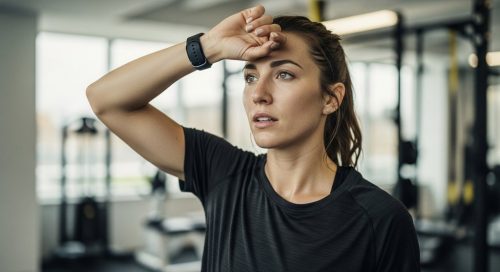Eine Frau macht eine kurze Pause während ihres an ihren Zyklus angepassten HIIT-Trainings.