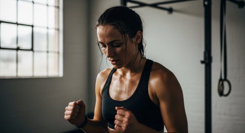 Eine Frau macht nach einem intensiven HIIT Training eine kurze Pause und blickt erschöpft aber zufrieden zu Boden.