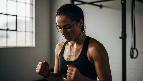 Eine Frau macht nach einem intensiven HIIT Training eine kurze Pause und blickt erschöpft aber zufrieden zu Boden.