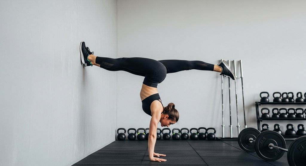 Frau übt den Handstand Walk seitwärts an der Wand als wichtige Progressionsübung.