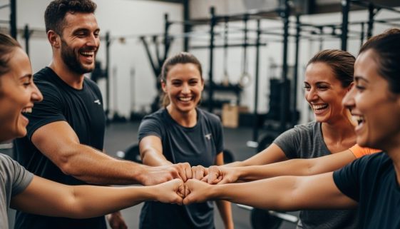 Eine Gruppe von Athleten feiert ihren Trainingserfolg in einer Crosstraining Community.