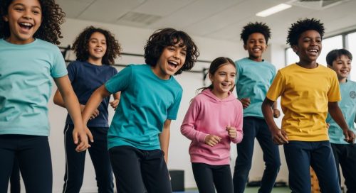 Eine Gruppe von Kindern macht lachend einen Sprung während eines HIIT-Workouts in einer Turnhalle.