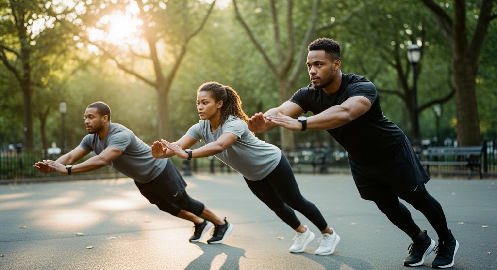 Eine Gruppe von Menschen macht Burpees im Park als Teil ihres HIIT-Workouts ohne Geräte.