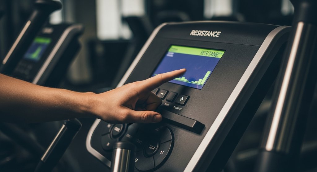 Hand stellt den Widerstand am Crosstrainer ein, um Fehler durch zu geringe Intensität zu beheben.