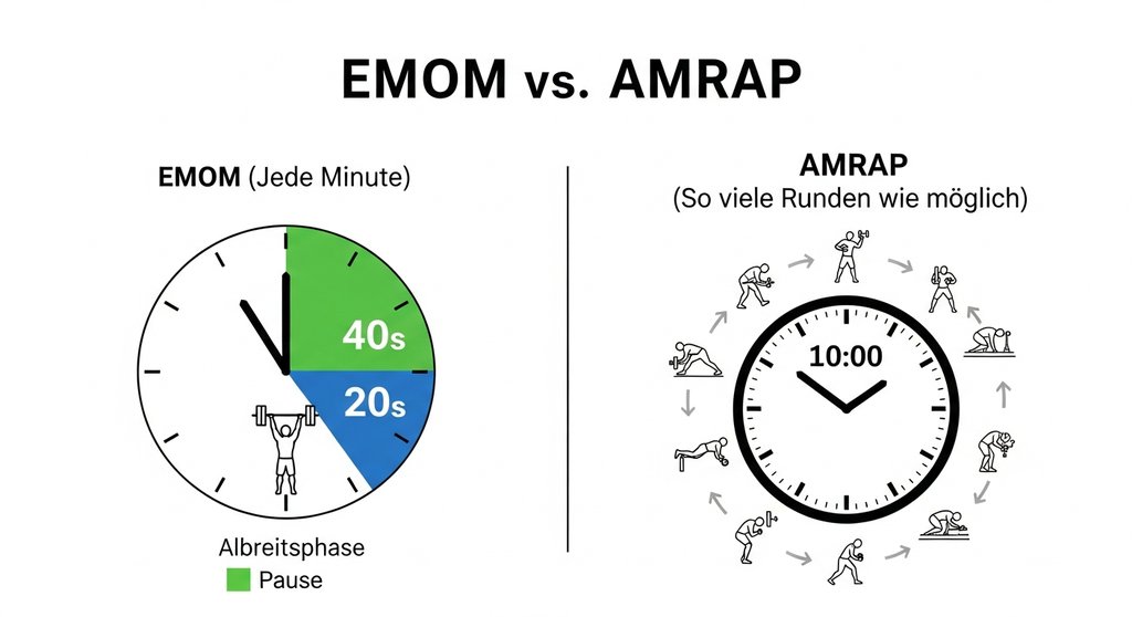 Infografik zum Unterschied zwischen EMOM und AMRAP HIIT Workouts