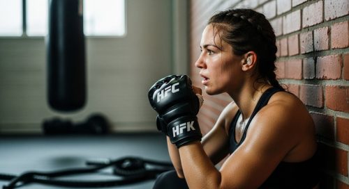 Eine Kampfsportlerin macht eine kurze, intensive Pause während ihres HIIT-Workouts in einem Gym.