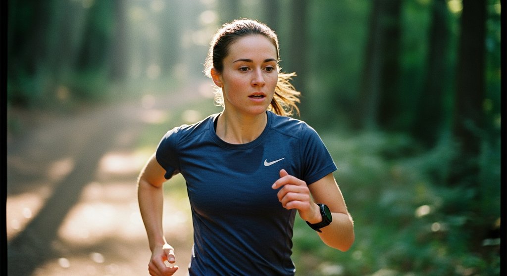 Läuferin beim spielerischen Fartlek Training auf einem sonnigen Waldweg.