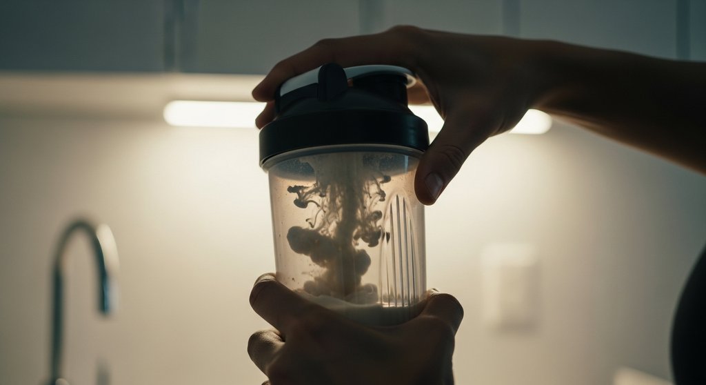 Eine Person bereitet sich nach dem Training einen Proteinshake für die Regeneration und eine gute Nacht zu.