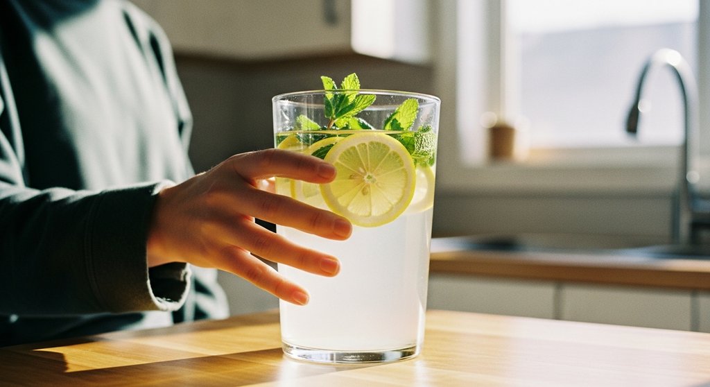 Eine Person greift nach einem Glas Wasser mit Zitrone, um die Flüssigkeitszufuhr sicherzustellen.