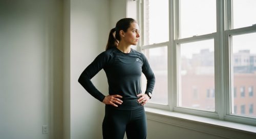 Eine Person in Sportkleidung blickt morgens konzentriert aus dem Fenster, bereit für HIIT und Intervallfasten.