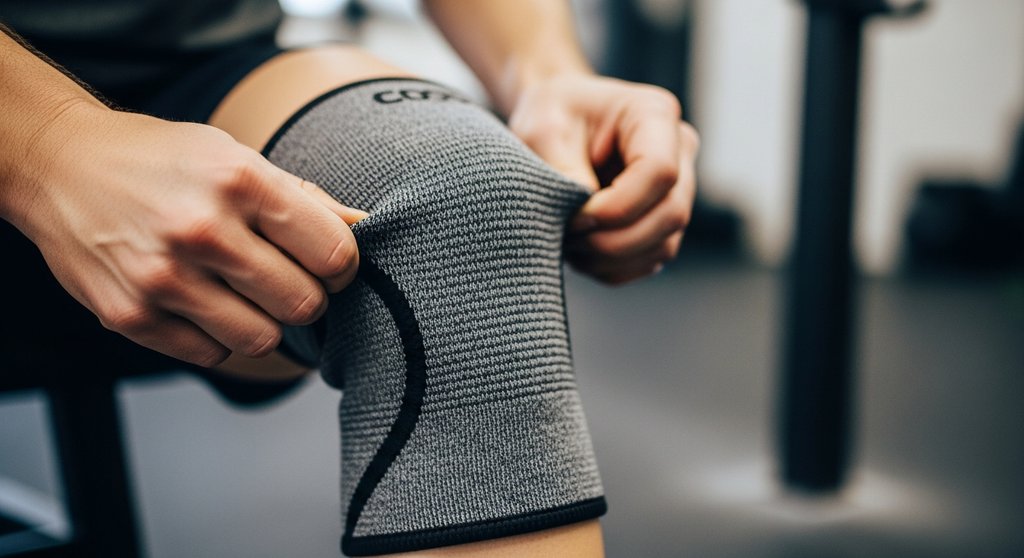 Athlet legt Knieschoner an, um das Verletzungsrisiko im Crosstraining zu minimieren.